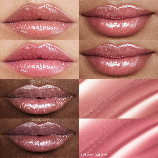 Up close images of females lips wearing the two shades of the MoistureGlow™ On The Go.