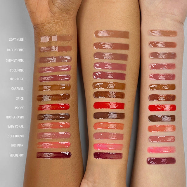 Arm swatch on three skin tones showing all shades of MoistureGlow™ Plumping Lip Color.