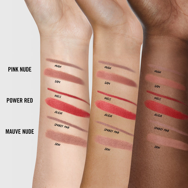 Arm swatch featuring all shades of the Mario's Lip Lift Kit on three different skin tones. 