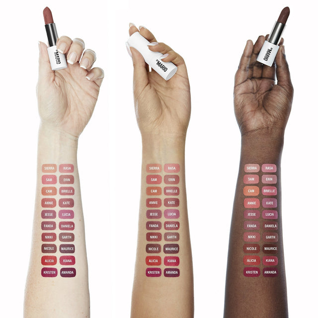 Arm swatch showing all different variants of Ultra Suede® Lipstick by Makeup By Mario