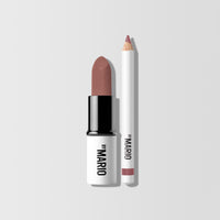 Front facing image of Mario's Lip Lift Kit which features a Ultra Suede Lipstick in shade Erin and a mini Ultra Suede Lip Pencil in shade Smokey Pink.